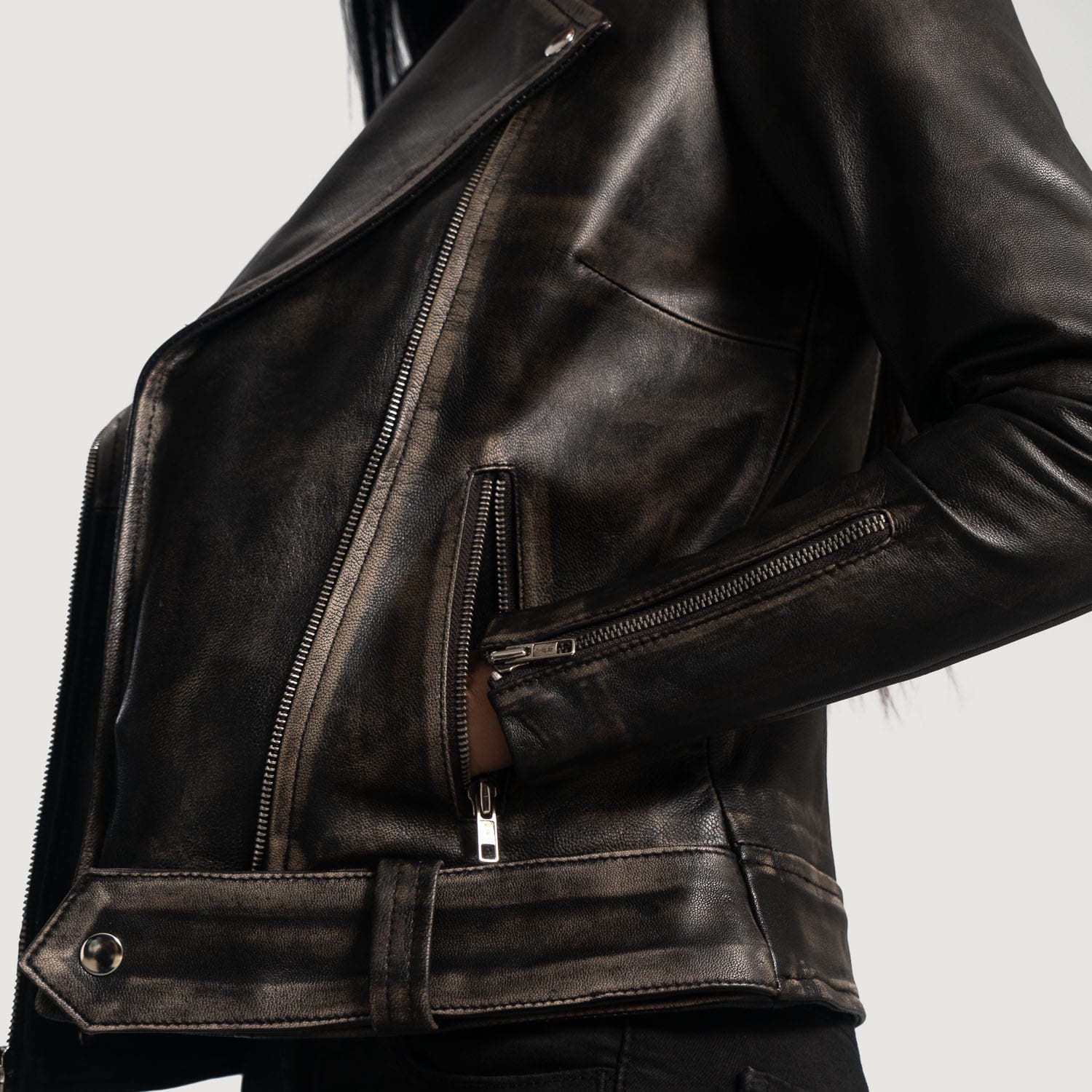 Stylish Women's Biker Distressed Leather Jacket - Classic Black Outerwear