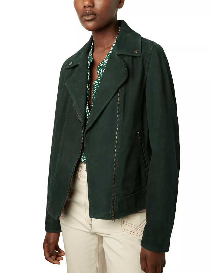 Women's Biker Suede Leather Jacket with Royal Green