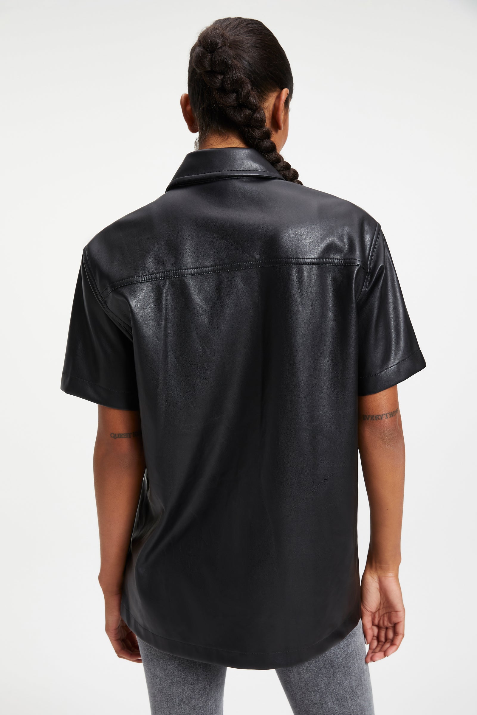 Chic Women's Black Trucker Leather Shirt - Half Sleeve