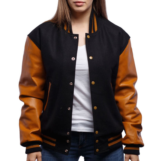 Women's Black &amp; Brown Sleeves Bomber Varsity Leather Jacket