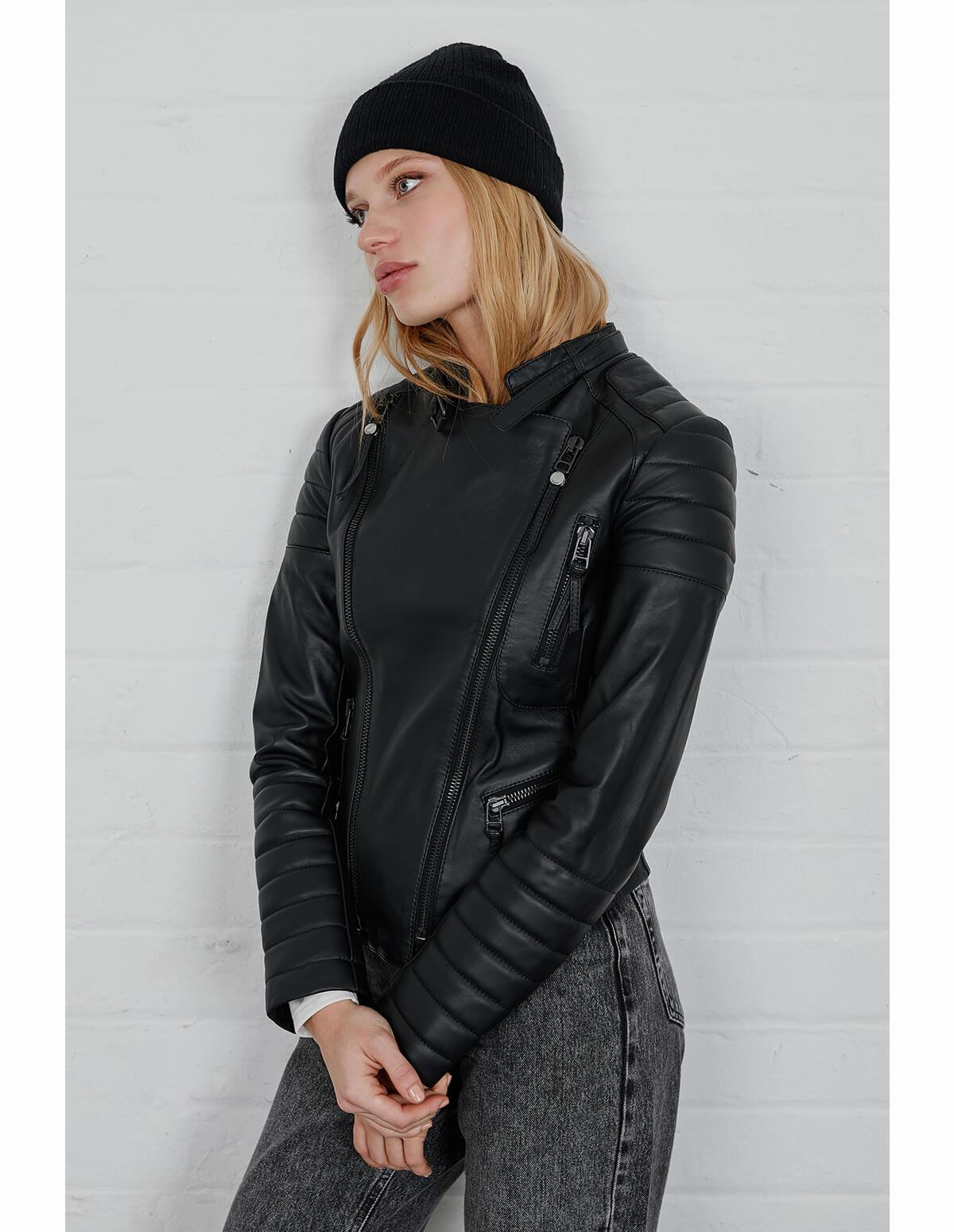 Women's Cafe Racer Leather Jacket with Black