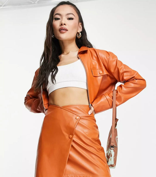 Women's Trendy Orange Cropped Full Sleeve Leather Shirt