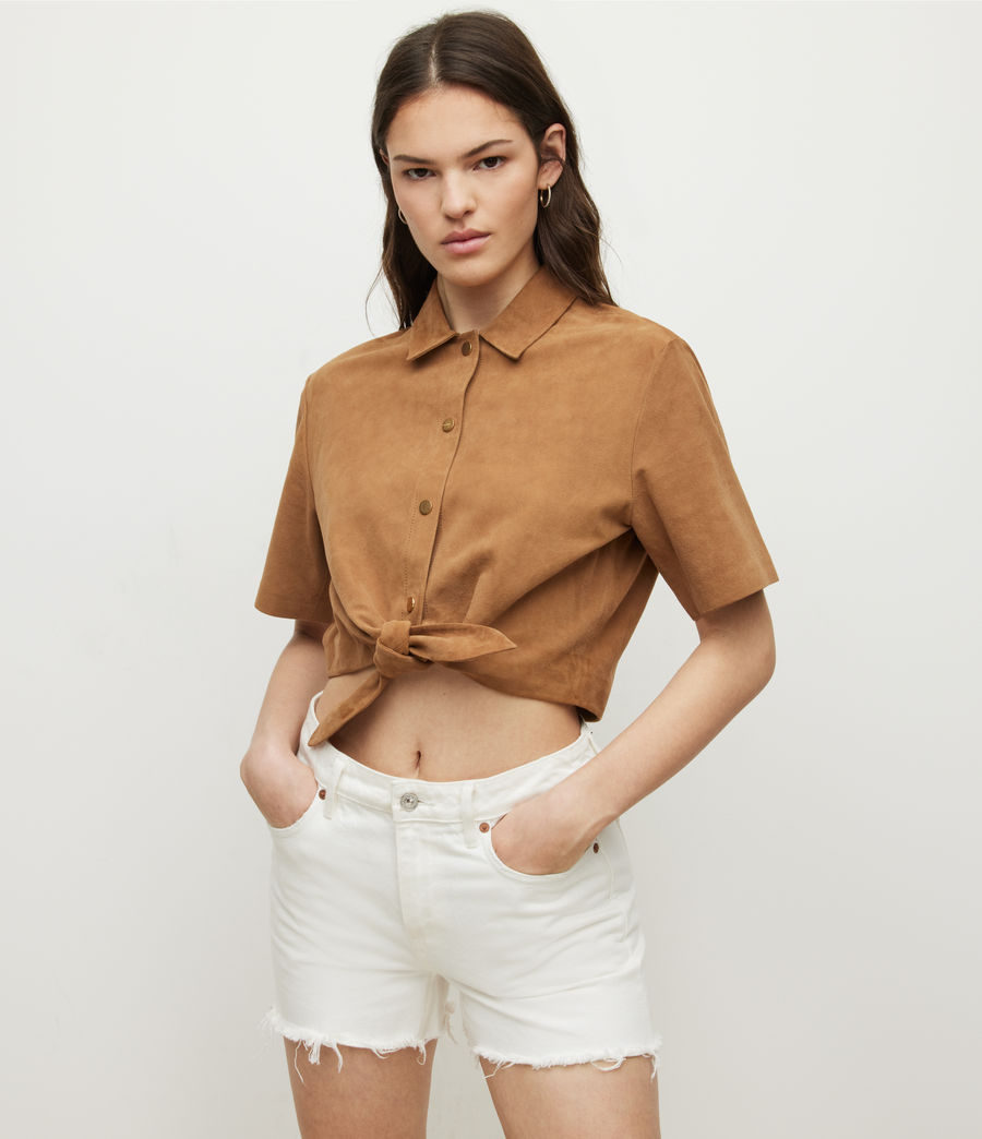 Trendy Women's Cropped Suede Leather Shirt - Brown