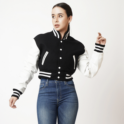 Women's Black & White Sleeves Cropped Varsity Leather Jacket