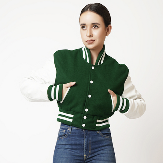 Women's Green &amp; White Sleeve Cropped Varsity Leather Jacket