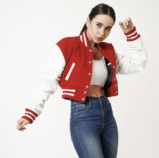 Women's Red & White Sleeves Cropped Varsity Leather Jacket