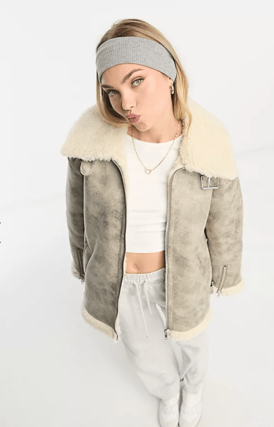 Women's White Distressed Shearling Bomber Leather Jacket