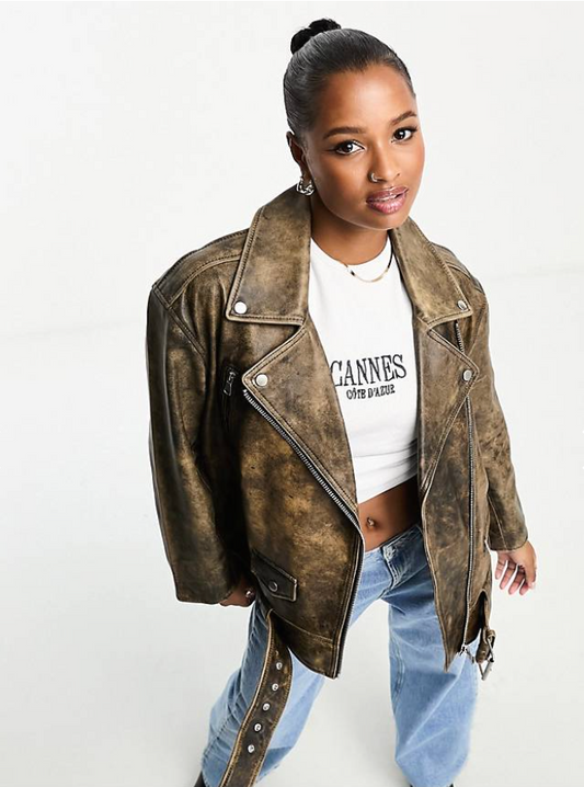 Stylish Women's Distressed Vintage Leather Jacket - Premium Outerwear