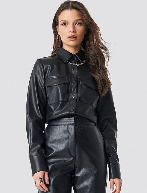 Women's Stylish Black Full-Sleeve Trucker Leather Shirt