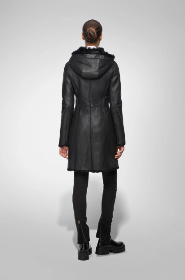 Women's Fur Shearling Parka Leather Coat In Black