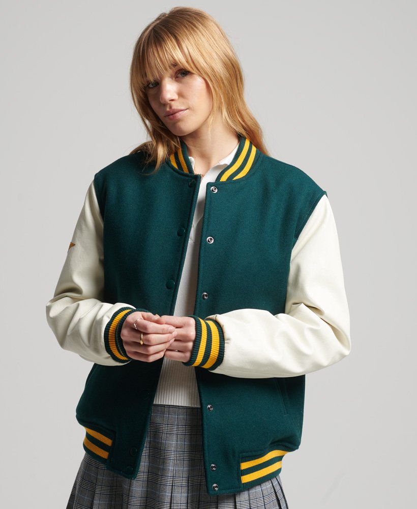 Women's Sea Green & White Sleeves Letterman Bomber Leather Jacket