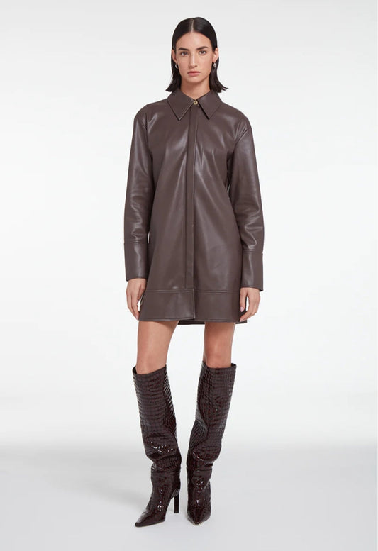 Women's Elegant Coffee Brown Long Leather Shirt