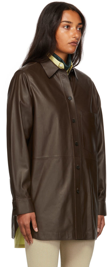 Women's Long Sheepskin Leather Shirt In Dark Brown