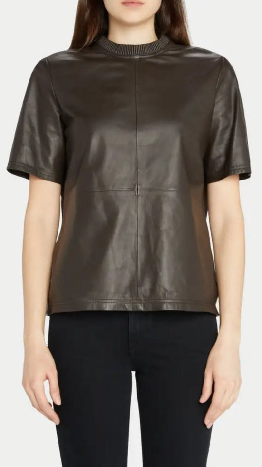 Stylish Women's Round Neck Leather Shirt - Coffee Brown