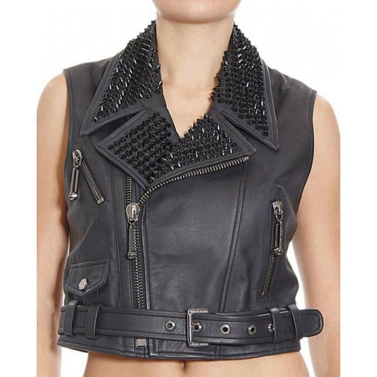 Women's Studded Leather Vest In Black With Belted Waist