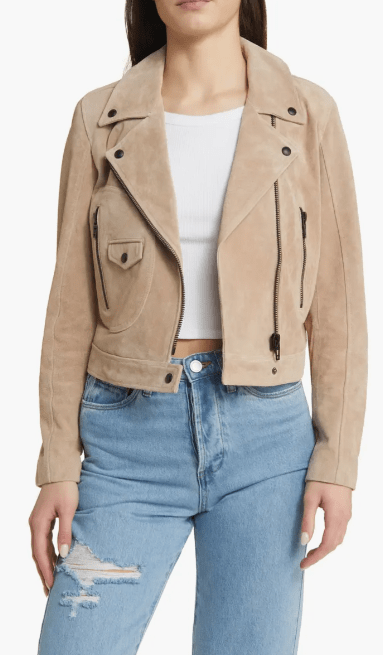 Women's Suede Biker Leather Jacket with Tan Beige