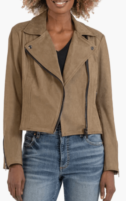 Women's Suede Leather Biker Jacket In Beige