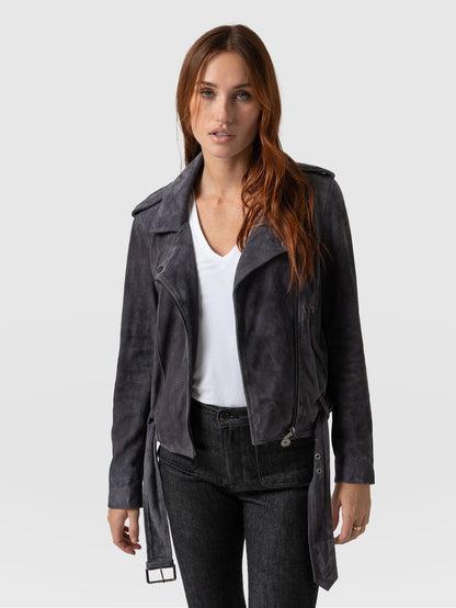 Women's Suede Leather Biker Jacket with Matte Black