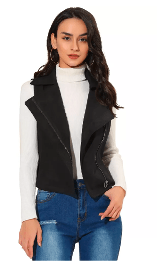 Women's Suede Leather Biker Vest In Black