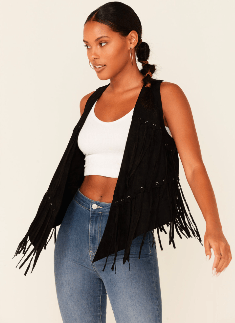 Women's Black Suede Fringe Leather Vest - TopGuruJackets