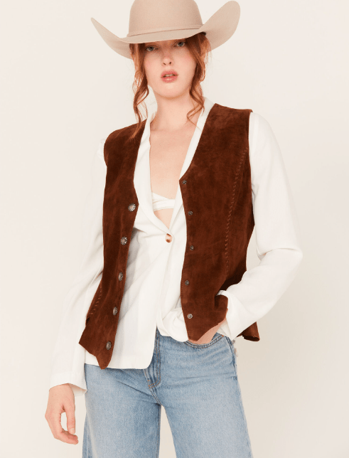 Women's Brown Suede Leather Vest - TopGuruJackets