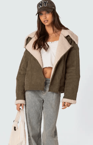 Women's Khaki Suede Shearling Leather Jacket