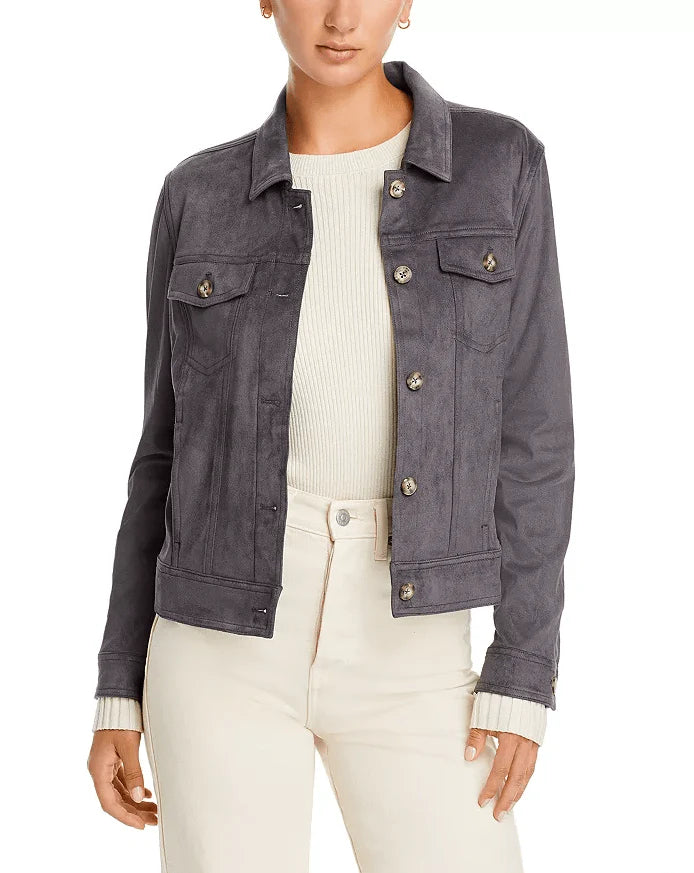 Women's Gray Suede Trucker Leather Jacket