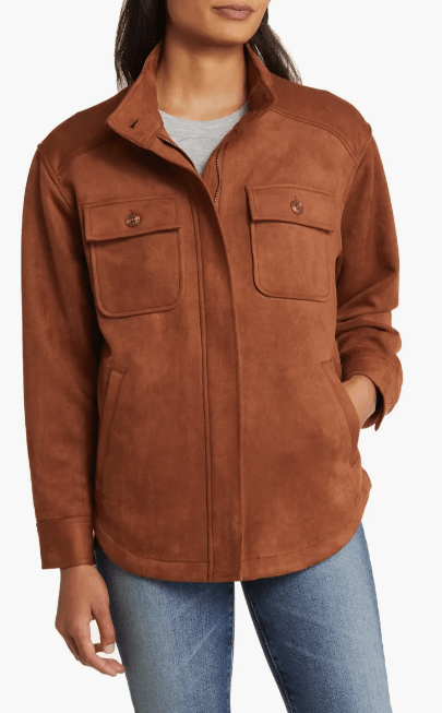 Trendy Women's Suede Trucker Leather Shirt - Brown