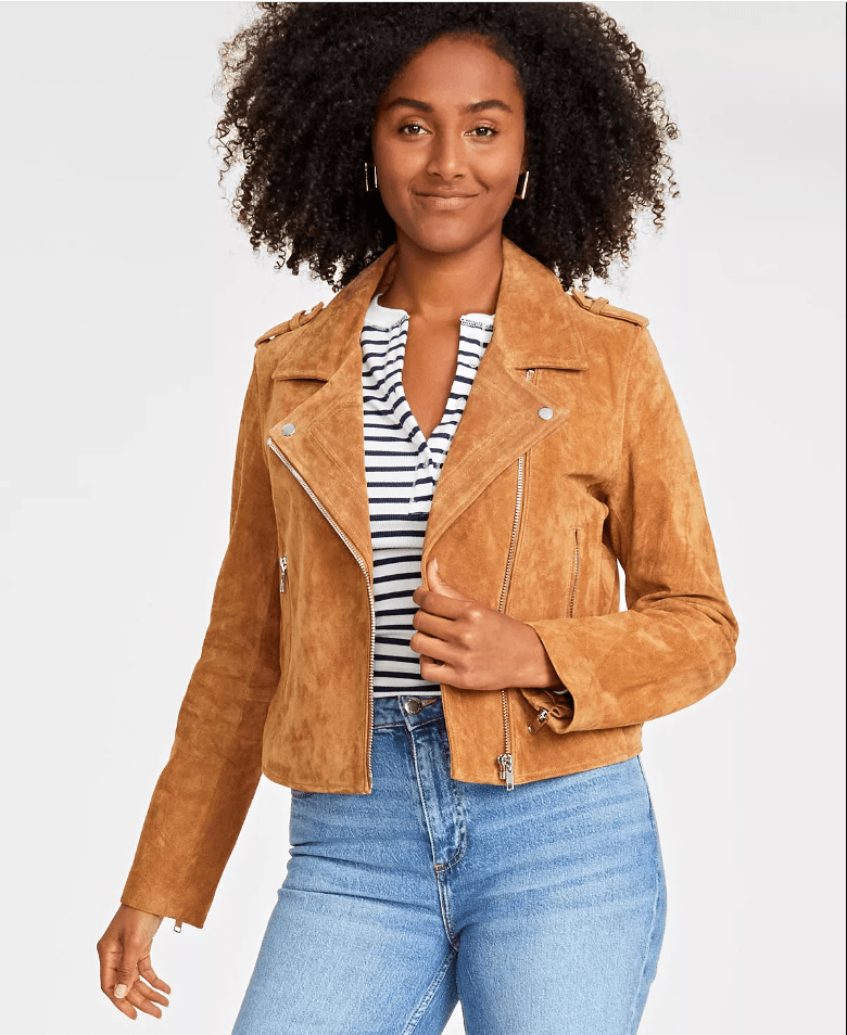 Women's Tan Brown Suede Leather Biker Jacket