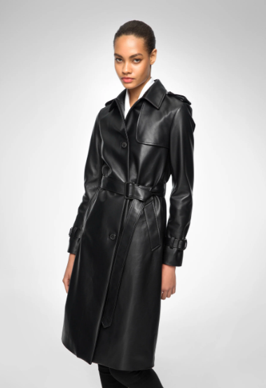 Sophisticated Women's Trench Leather Coat - Black, Belted Waist