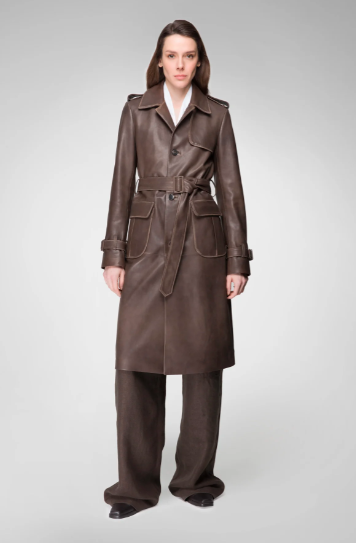 Women's Coffee Brown Trench Leather Coat