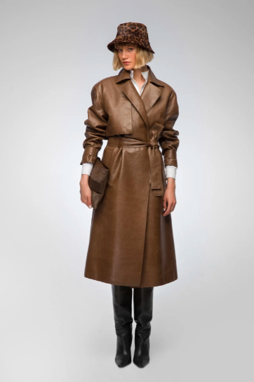 Women's Dark Brown Trench Leather Coat with Belted Waist