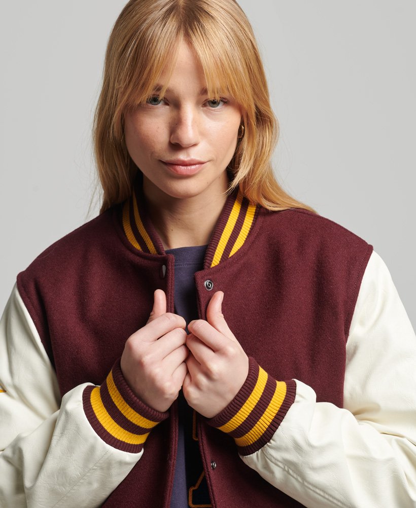 Women's Maroon &amp; White Sleeve Varsity Bomber Leather Jacket