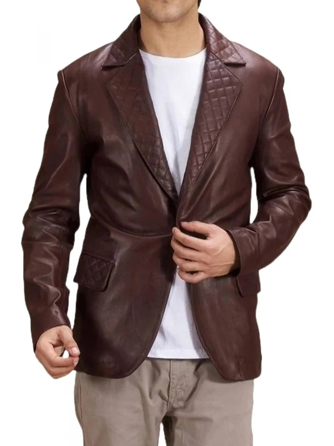 Quilted Lapel Burgundy Leather Blazer