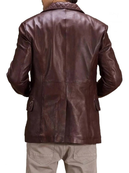 Quilted Lapel Burgundy Leather Blazer