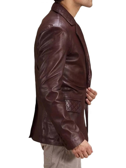 Quilted Lapel Burgundy Leather Blazer