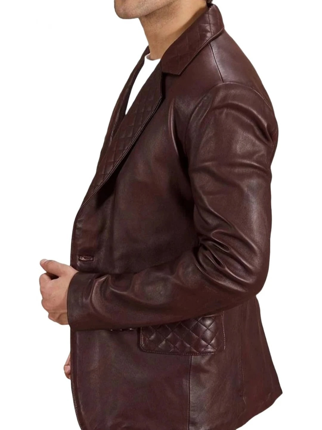 Quilted Lapel Burgundy Leather Blazer