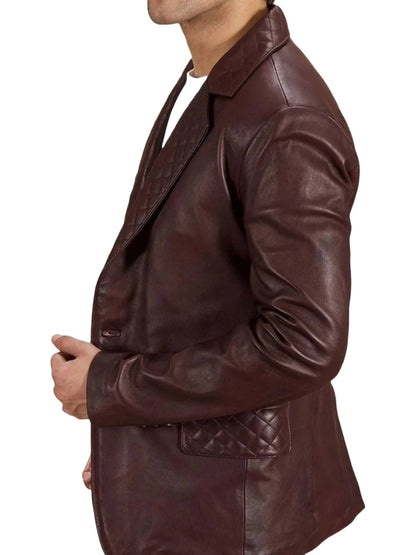 Quilted Lapel Burgundy Leather Blazer