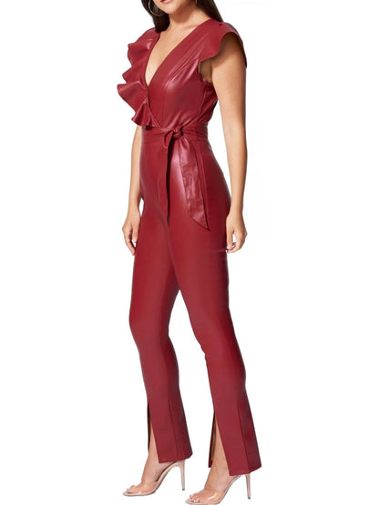 Women's Red Leather Ruffle Jumpsuit