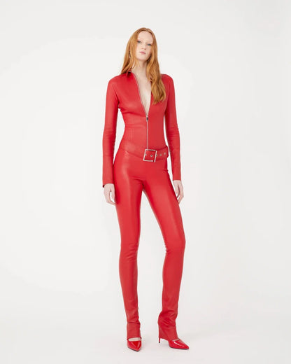 Women's Red Leather Jumpsuit