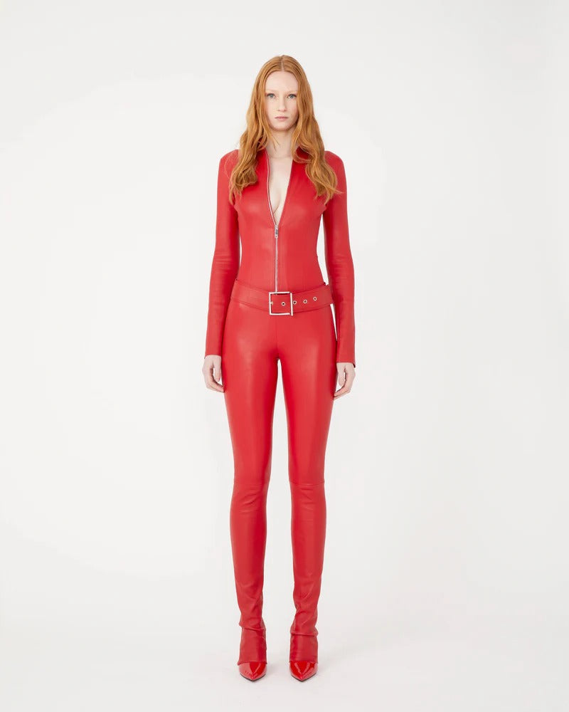 Women's Red Leather Jumpsuit