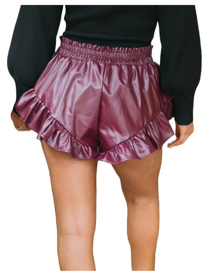 Ruffled Hem Purple Leather Shorts – Stylish Women's Statement Piece