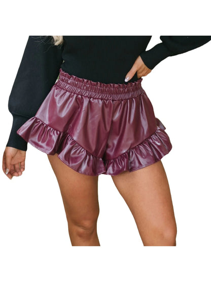 Ruffled Hem Purple Leather Shorts – Stylish Women's Statement Piece