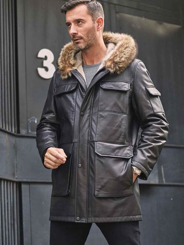 Mink Coat Long Winter Overcoat Black Leather Parka Fur Outwear