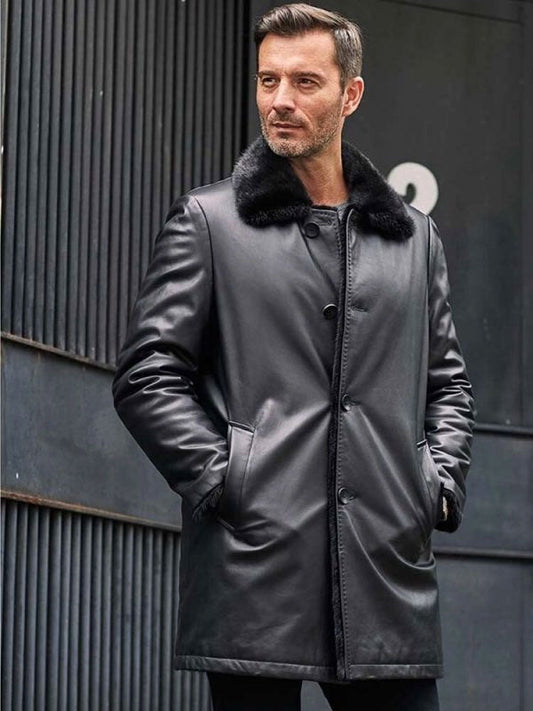 Mink Fur Coat, Long Fur Outwear, Black Leather Overcoat