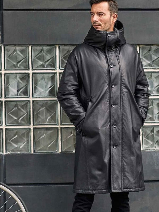 Leather Down Jacket, Long Winter Overcoat, Warm Oversize Outwear