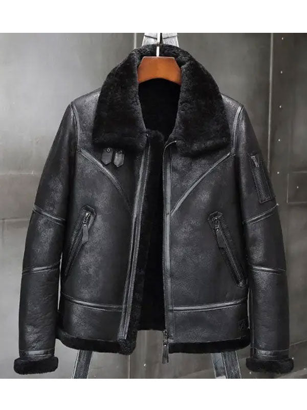 Men's Aviator Winter Coat Fur Bomber Leather Jacket