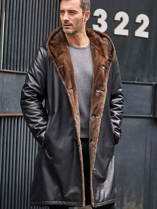 Cowhide Shearling Fur Hooded Leather Parka Coat