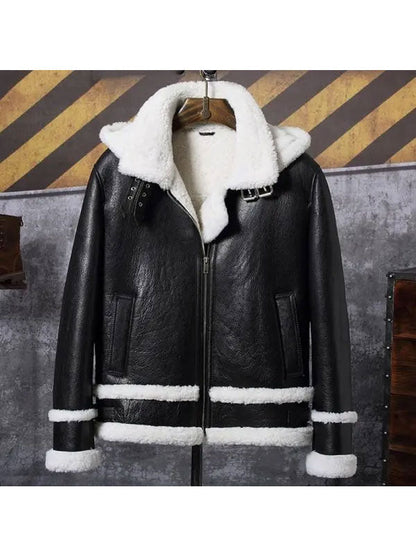 Men's Hooded Sheepskin Leather Bomber Jacket Short Coat