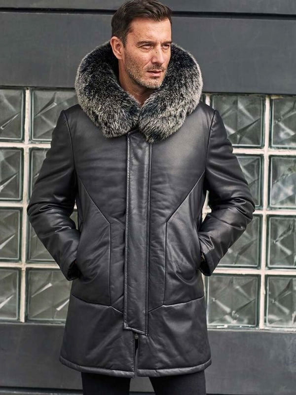 Leather Down Jacket with Fox Fur Collar Hooded Winter Overcoat Long Warm Outwear